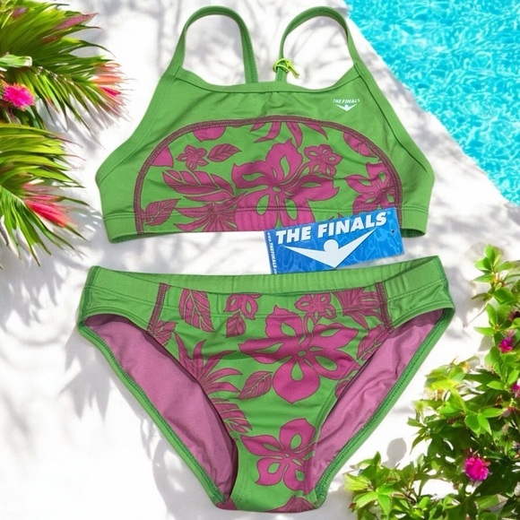 NEW The Finals Green and Pink Hawaiian Floral Two Piece Swim Beach Size M - Picture 1 of 11